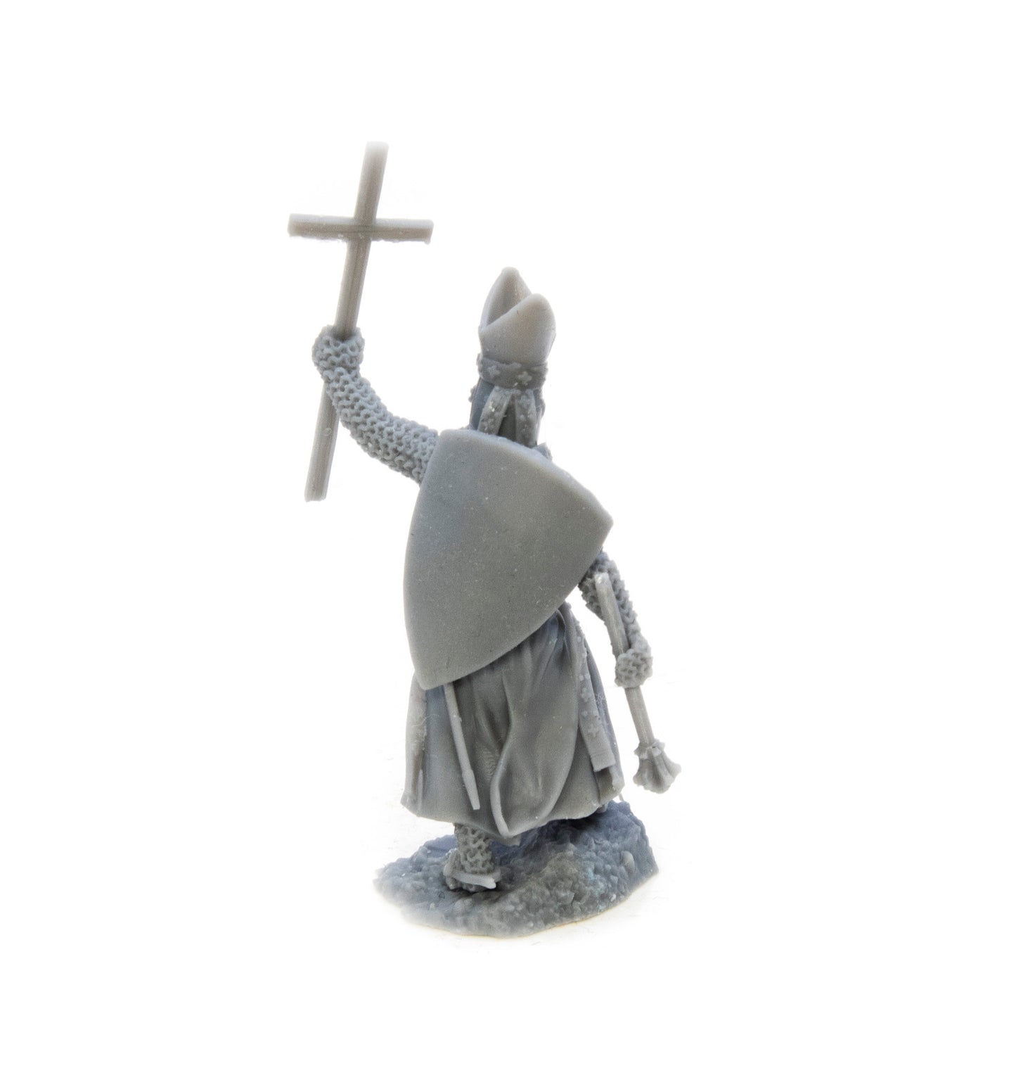 Bishop with great helmet and large cross.