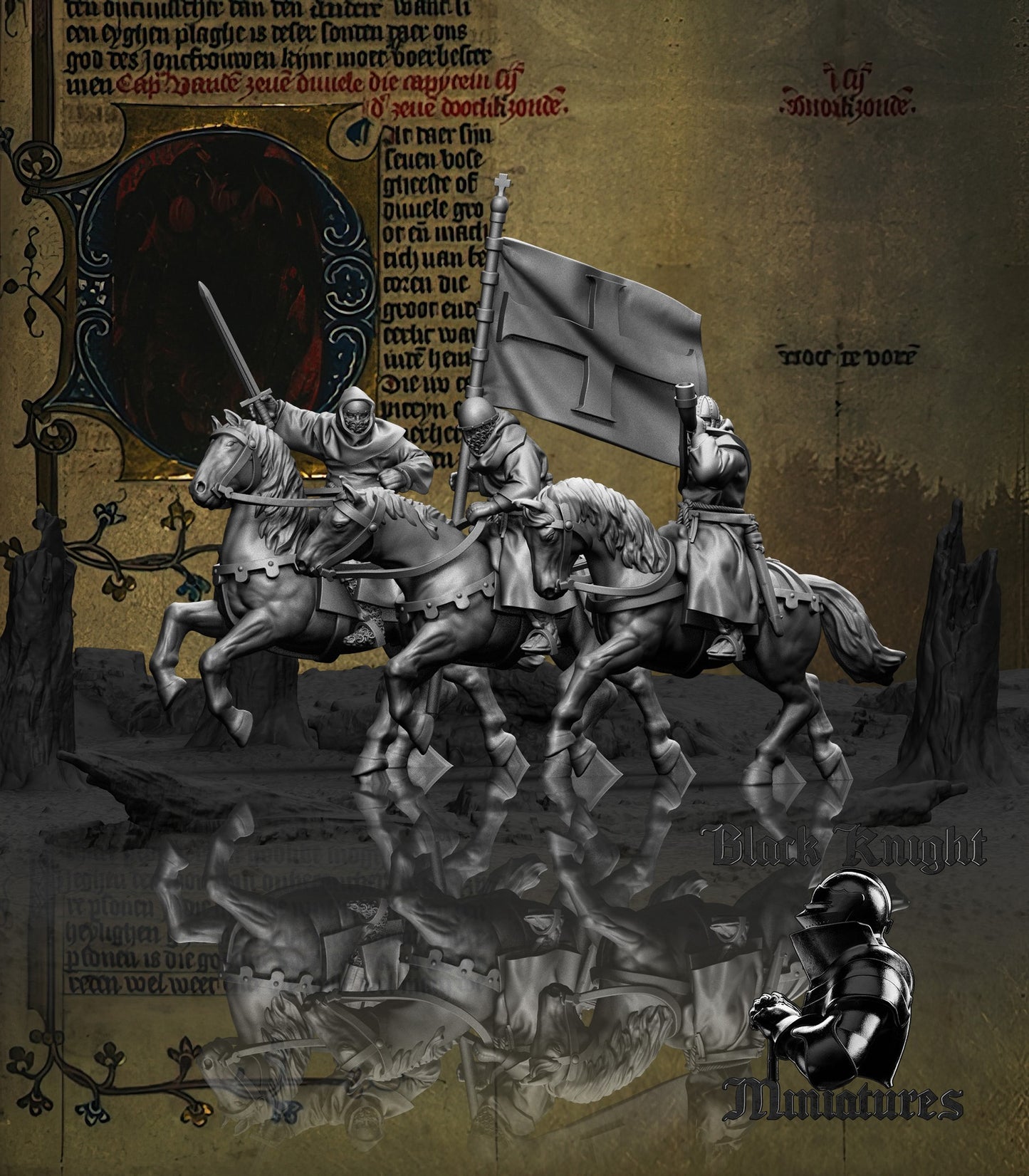 Mounted Teutonic Sergeants command group by Black Knight Miniatures.