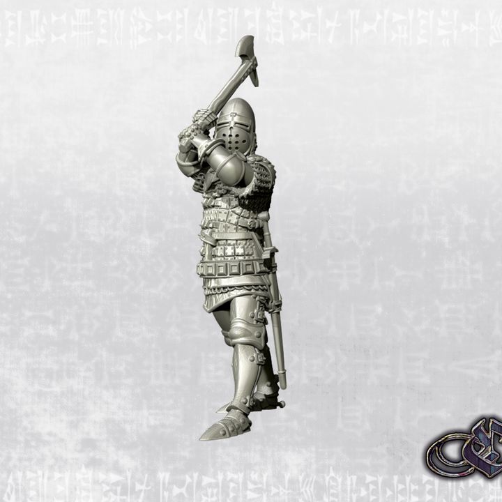 "Knight on foot slashing with axe from above - 14th century" by Ezipion miniatures.