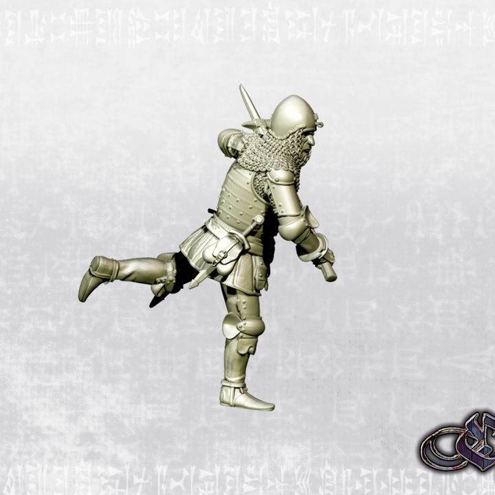 "Man-at-arms makes desperate charge with polearm - 14th century" by Ezipion miniatures
