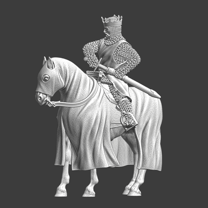 Medieval mounted King, drawing his sword.