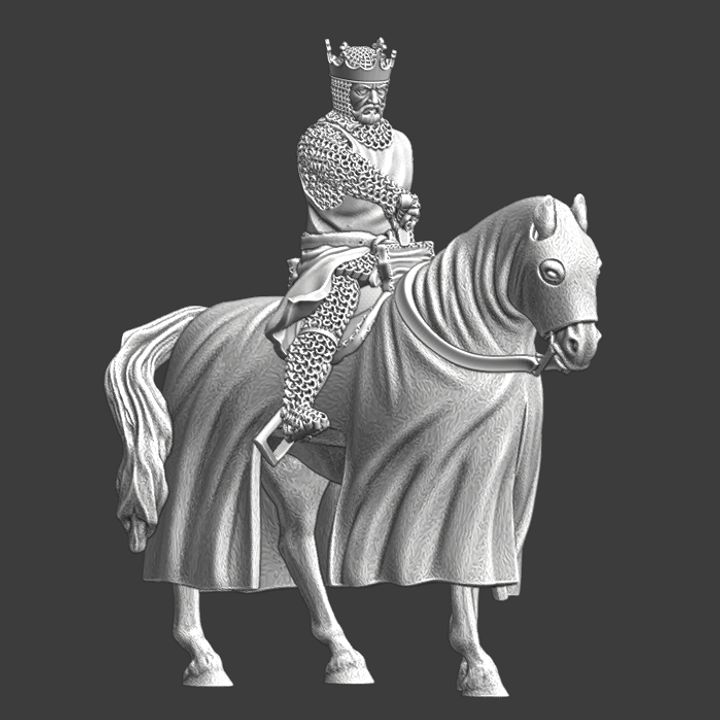 Medieval mounted King, drawing his sword.