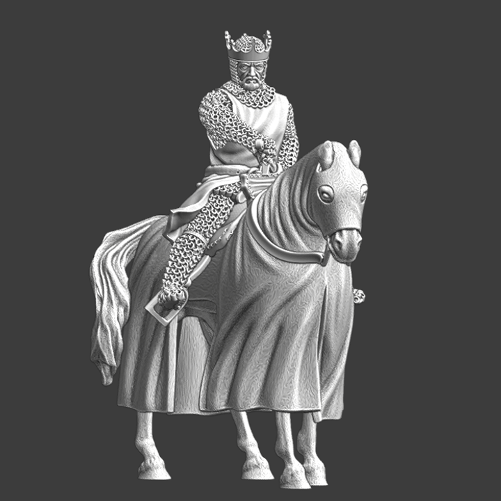 Medieval mounted King, drawing his sword.