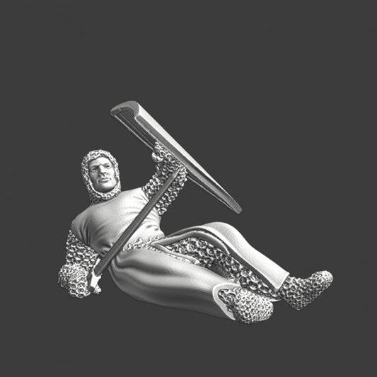 Medieval wounded knight on the ground with sword and shield