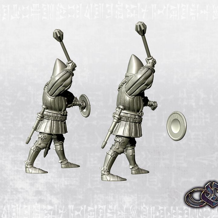 "Man at arm with mace on foot - Late 14th"