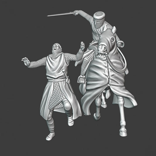 Medieval mounted crusader killed dismounted infantryman.