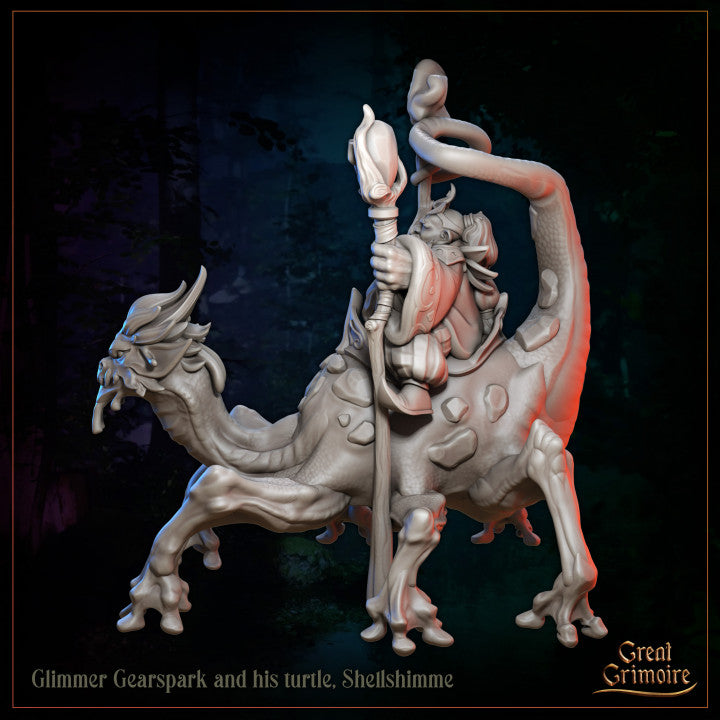Glimmer Gearspark and his turtle, Shellshimme by Great Grimoire