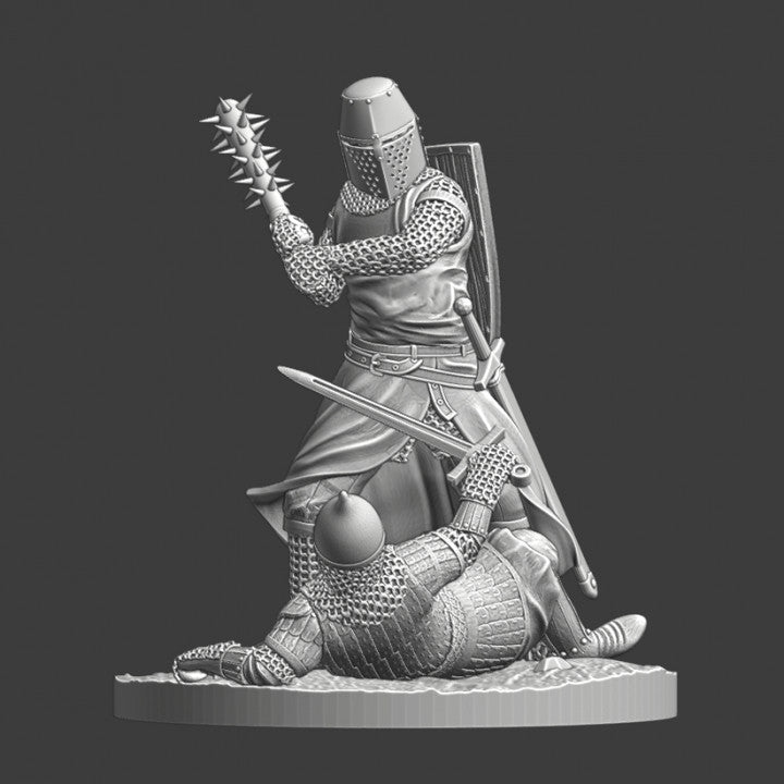 Medieval knight with spiked club fight downed russian warrior
