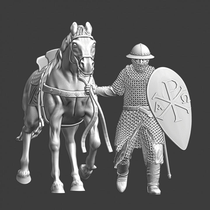 Medieval Byzantine soldier - walking with horse.