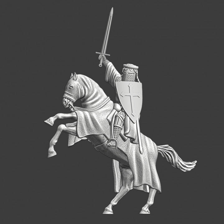 Medieval crusader mounted and raised sword