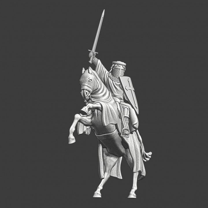 Medieval crusader mounted and raised sword