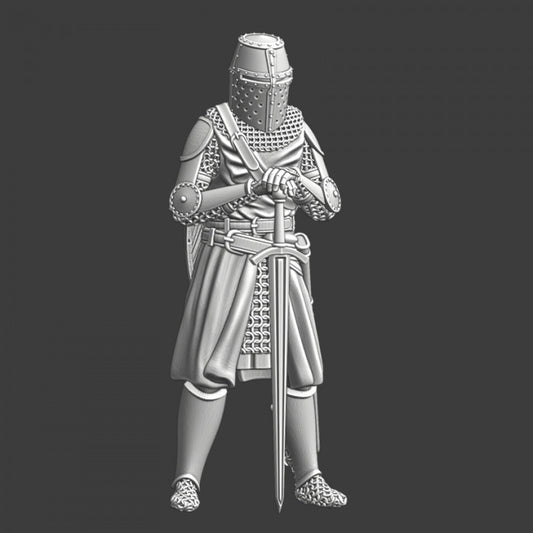 Medieval English Knight standing with sword.