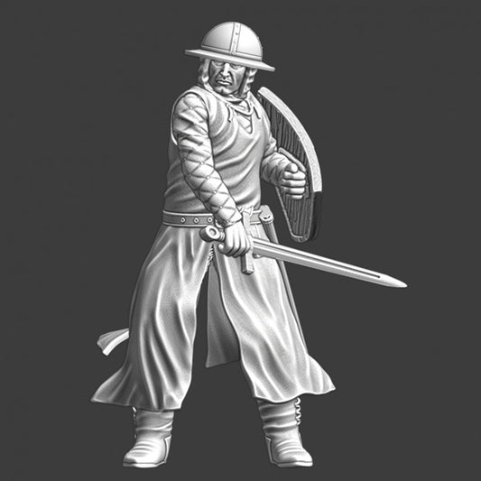 Medieval infantryman slashing with sword.