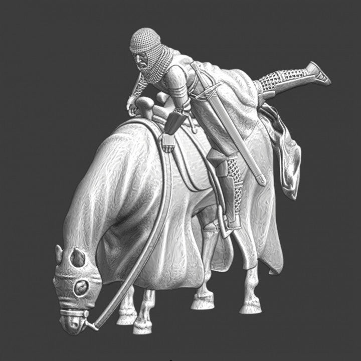 Medieval Knight dismounted his horse.