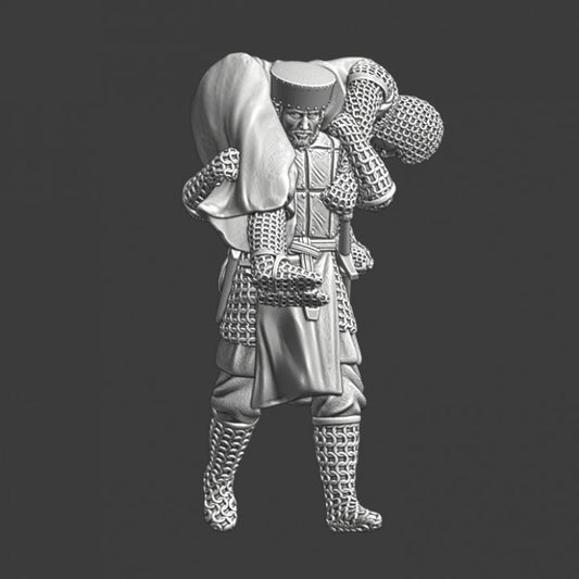 Medieval soldier carrying wounded knight.