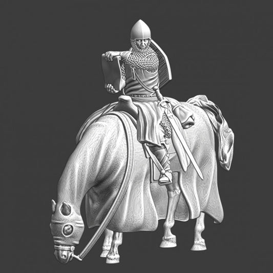 Medieval mounted soldier reading scroll.