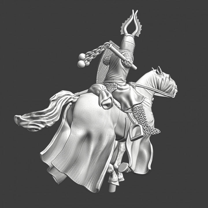 Medieval mounted Teutonic knight swinging his flail