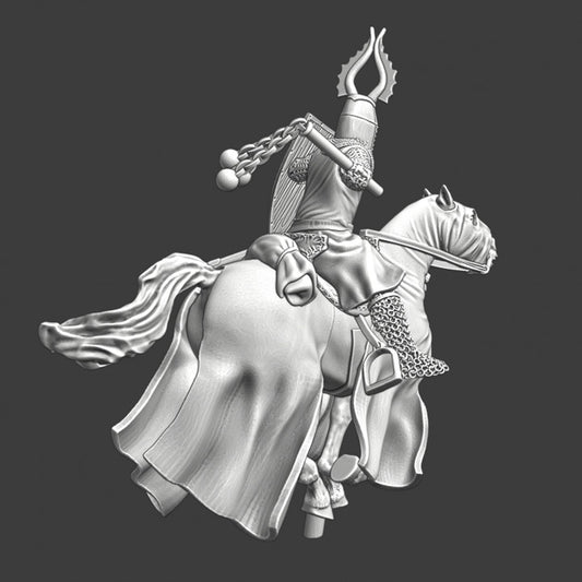 Medieval mounted Teutonic knight swinging his flail