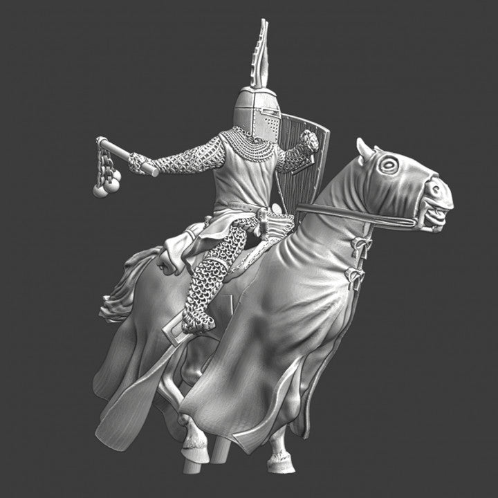 Medieval mounted Teutonic knight swinging his flail