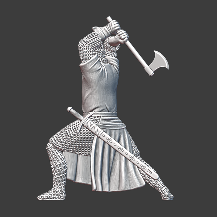 Medieval Crusader Knight fighting with axe.
