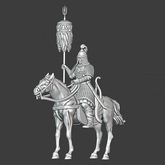Mounted Mongolian with banner.