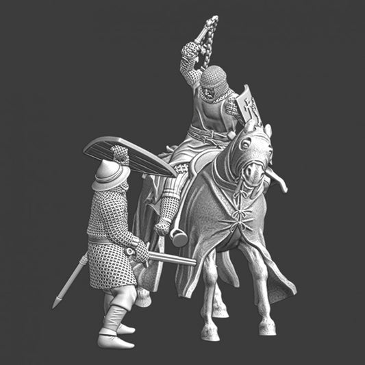 Mounted crusader fighting Byzantine infantryman