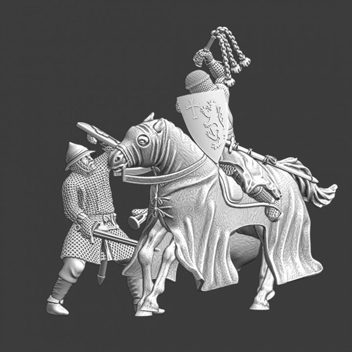 Mounted crusader fighting Byzantine infantryman