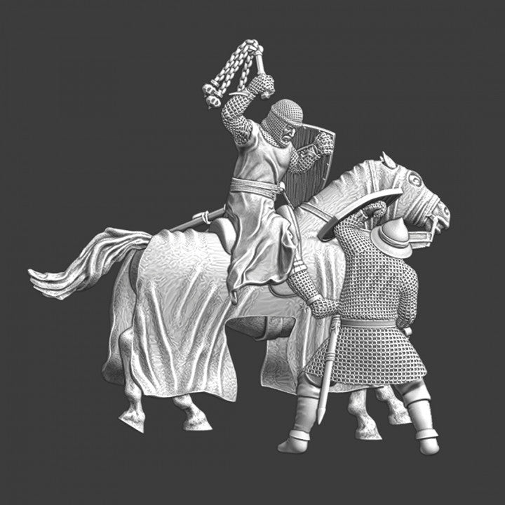 Mounted crusader fighting Byzantine infantryman