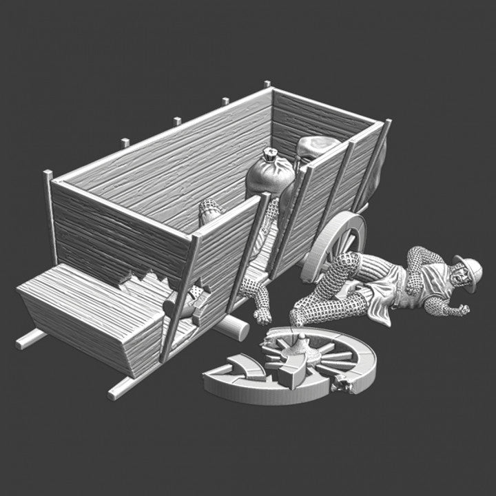 Medieval destroyed wagon and wounded.