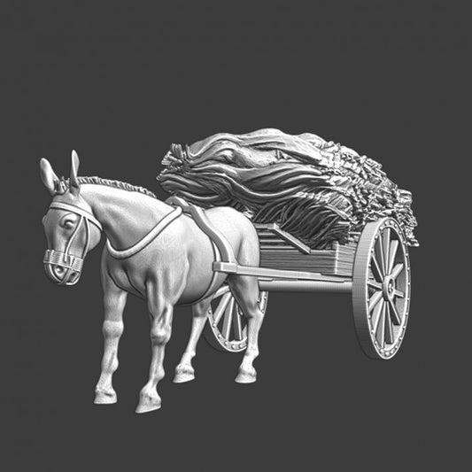Small hay wagon and donkey - medieval wargaming props.