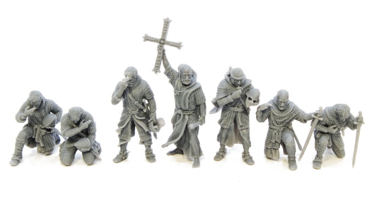 Praying 11th Century Spanish Knights with Monk with cross.