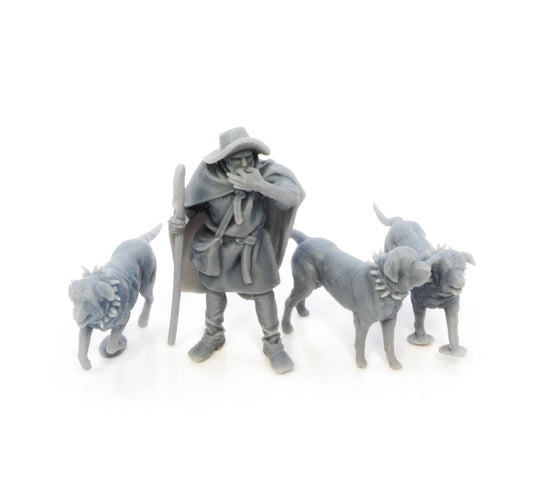 Shepherd and Spanish mastiffs with collars.