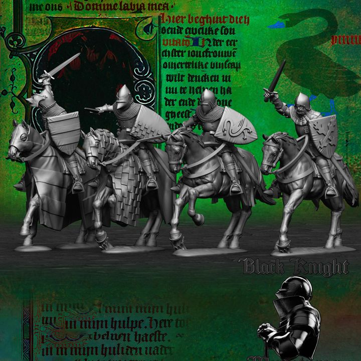 Early 15th century Hussite Mounted Knights - 1h weapons and shields by Black Knight Miniatures.