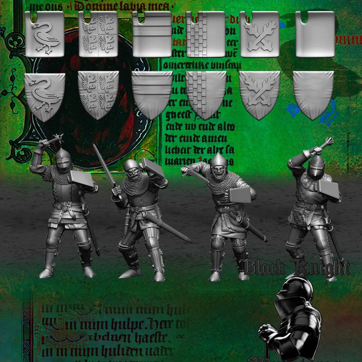 15th century Hussite Foot Knights - 1 handed weapons and shields by Black Knight Miniatures