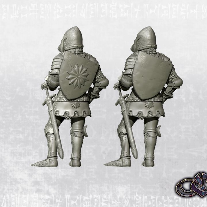 "Ostředek's Brigands Commander on foot with closed visor - heraldry shield - 14th century" by Ezipion miniatures