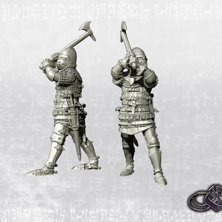 "Knight on foot slashing with axe from above - 14th century" by Ezipion miniatures.