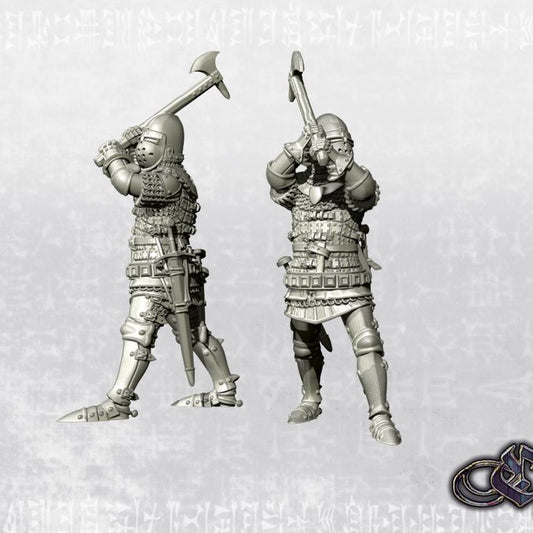 "Knight on foot slashing with axe from above - 14th century" by Ezipion miniatures.