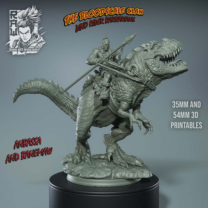 Anbassa and Banemaw - Barbarian riding a Giganotosaurus by Ronin Arts Workshop