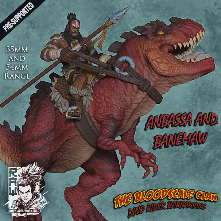 Anbassa and Banemaw - Barbarian riding a Giganotosaurus by Ronin Arts Workshop