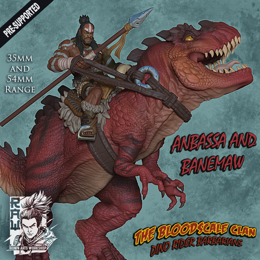 Anbassa and Banemaw - Barbarian riding a Giganotosaurus by Ronin Arts Workshop