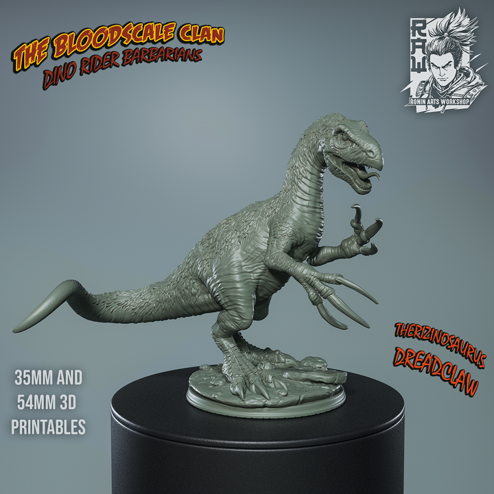 Rodica And Dreadclaw - Female Barbarian riding on therizinosaurus by Ronin Arts Workshop