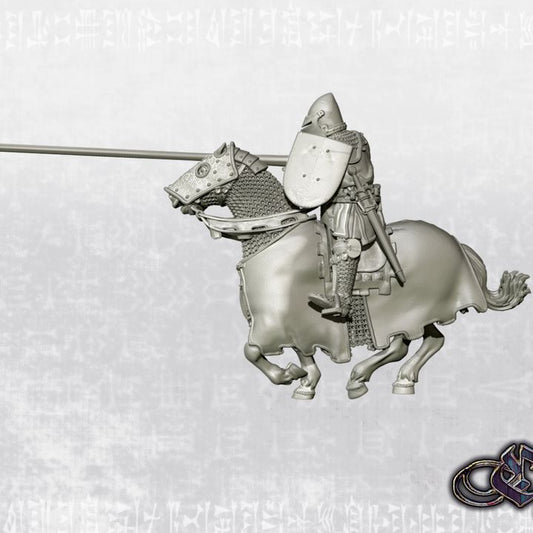 "Castilian Knight on Warhorse charging 1st Rank - 14th century" by Ezipion miniatures