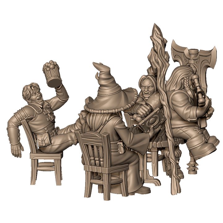 Team of adventure at tavern (warrior, swordman, wizard, musician) by Menagerie Miniature