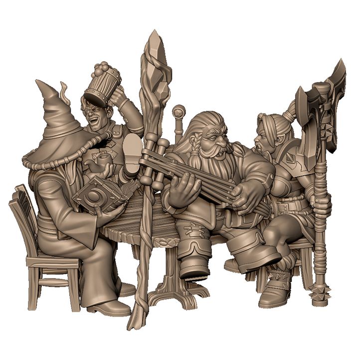 Team of adventure at tavern (warrior, swordman, wizard, musician) by Menagerie Miniature