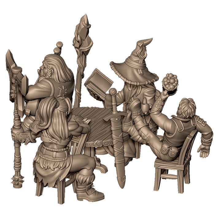 Team of adventure at tavern (warrior, swordman, wizard, musician) by Menagerie Miniature