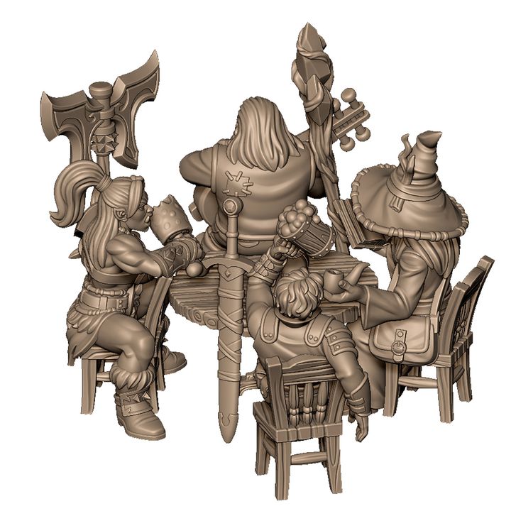 Team of adventure at tavern (warrior, swordman, wizard, musician) by Menagerie Miniature