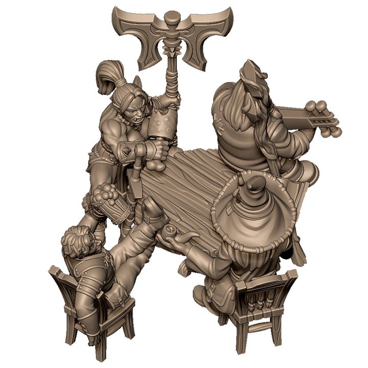 Team of adventure at tavern (warrior, swordman, wizard, musician) by Menagerie Miniature