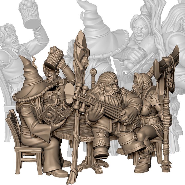 Team of adventure at tavern (warrior, swordman, wizard, musician) by Menagerie Miniature