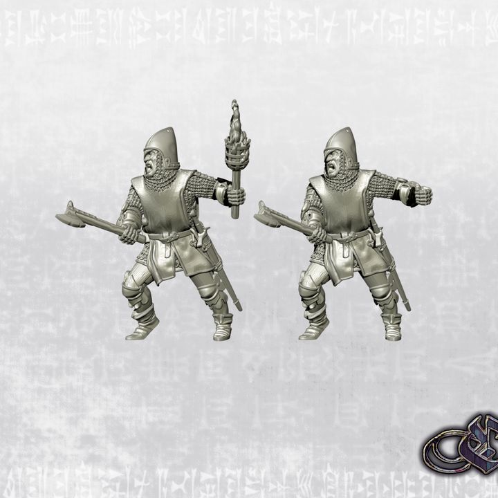 "One-eyed man-at-arms chopping with an ax & torch - 14th century" by Ezipion miniatures