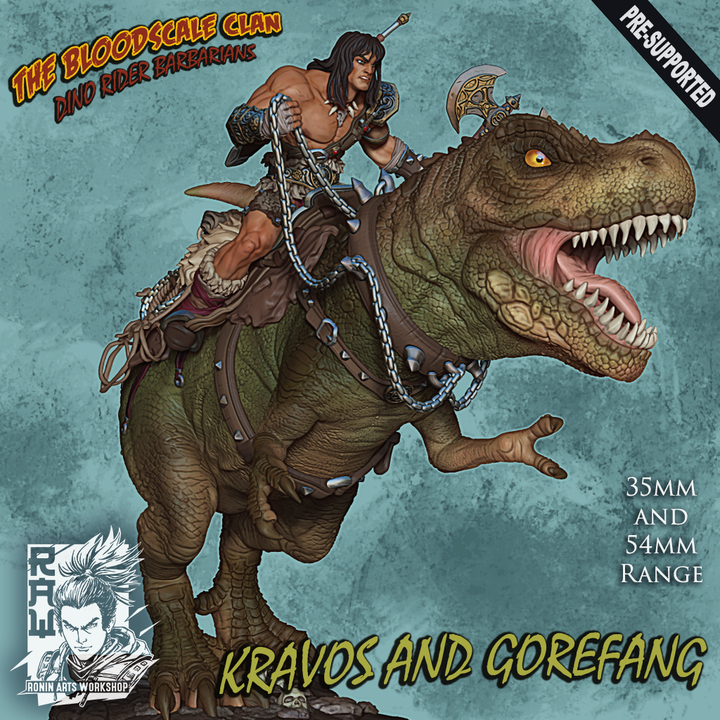 Kravos And Gorefang - Barbarian riging on T-Rex by Ronin Arts Workshop